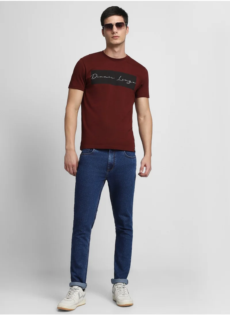 دينيس لينغو Maroon Slim Fit Graphic Crew Neck T-shirt for Men - 100% Cotton, Short Sleeve, Casual