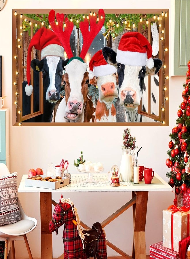 kokolap Funny Cow Wall Decals Christmas Wall Decoration Stickers Merry Christmas Vinyl Decal Peel and Stick 3D Fake Window Walls Sticker Cow Print Decor Farmhouse Animals Art Murals for Living Room Kitchen - Image 1