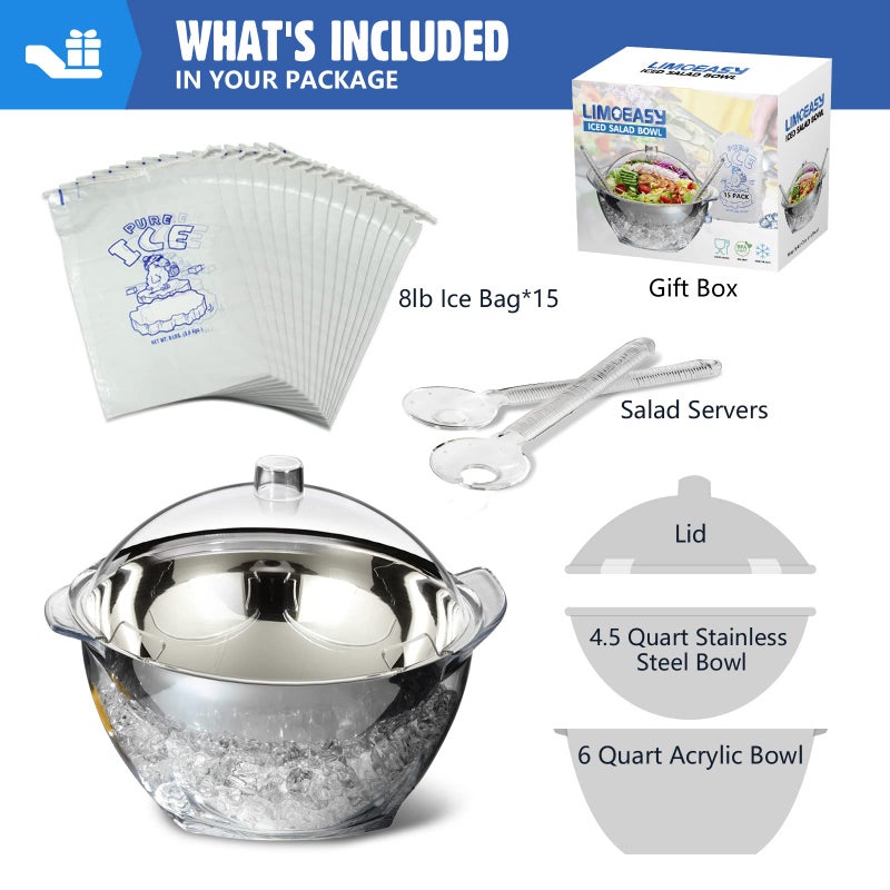 LIMOEASY Iced Salad Bowl, 4.5 Qt Large Chilled Serving Bowl with Lid for Parties, Ice Bowls to Keep Veggie, Fruit, Potato, Pasta Cold, Unique Gift for Women - Image 2