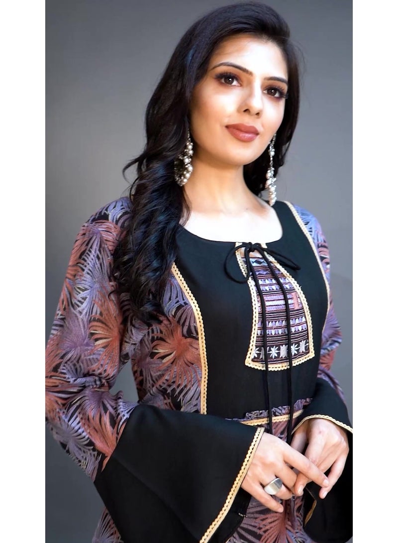 زينة فستان جلابية نسائي أنيقة بأكمام جرس - مطبوع بياقة مستديرة ورباط - قفطان محتشم - Image 2