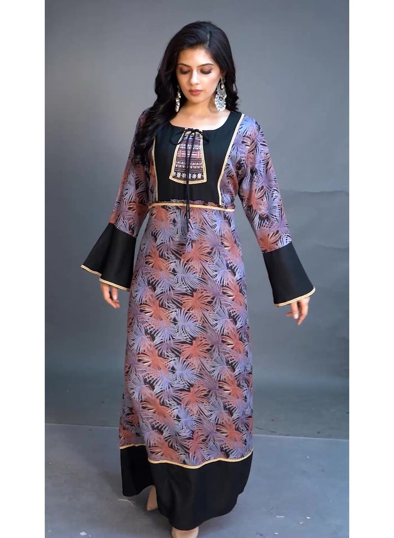 زينة فستان جلابية نسائي أنيقة بأكمام جرس - مطبوع بياقة مستديرة ورباط - قفطان محتشم - Image 3