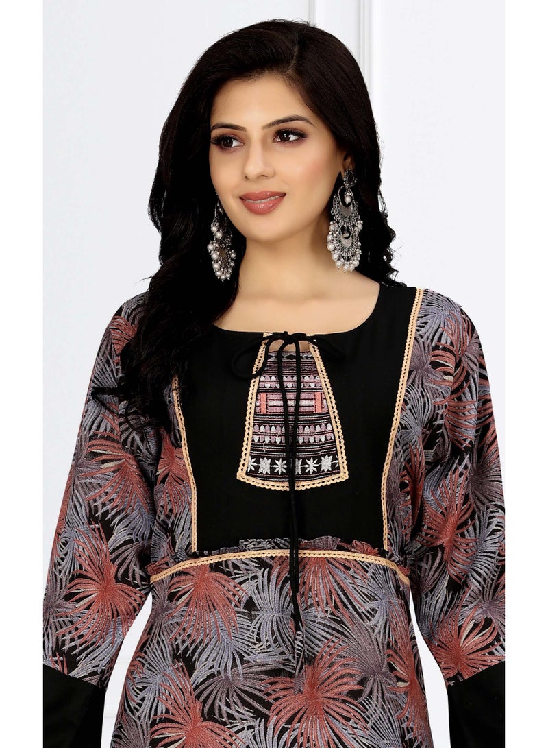 زينة فستان جلابية نسائي أنيقة بأكمام جرس - مطبوع بياقة مستديرة ورباط - قفطان محتشم - Image 4