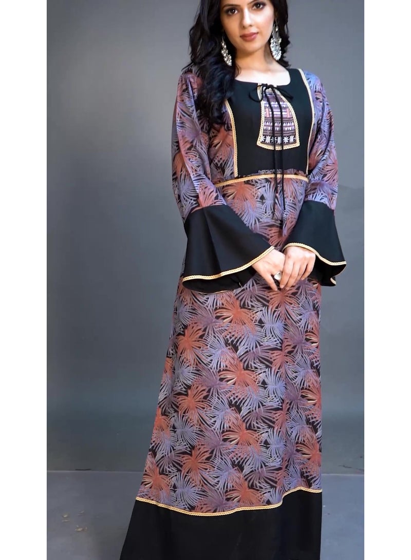 زينة فستان جلابية نسائي أنيقة بأكمام جرس - مطبوع بياقة مستديرة ورباط - قفطان محتشم - Image 5