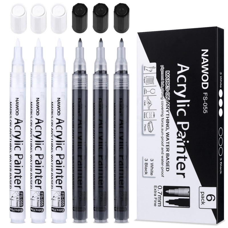 NAWOD Paint Pens White Black Acrylic Marker 6 Pack Acrylic Permanent Marker White Paint Pens for Rock Ceramic Wooden Leather Glass Painting Metal Tire 07mm Extra Fine Point Quick Drying - Image 3