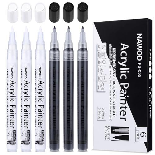 NAWOD Paint Pens White Black Acrylic Marker 6 Pack Acrylic Permanent Marker White Paint Pens for Rock Ceramic Wooden Leather Glass Painting Metal Tire 07mm Extra Fine Point Quick Drying - Image 1