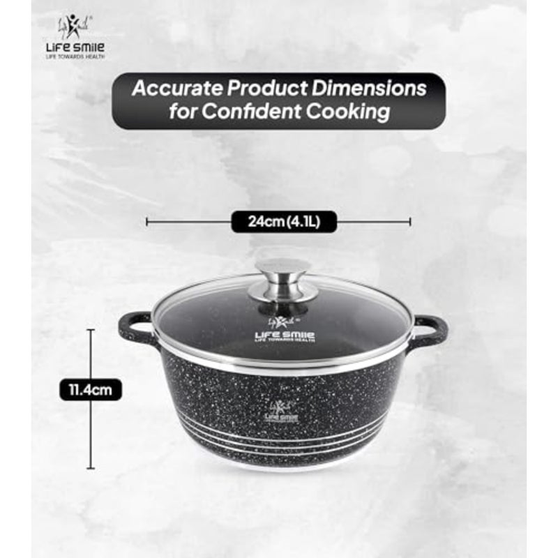 Cooking Pot With Lid aluminum Soup Pot With Glass Lid 100% PFOA Free, Fixed Handle Multi Layer Non-Stick Granite Coating Oven Safe Black, 24cm (4.1 Liters ) - Image 2