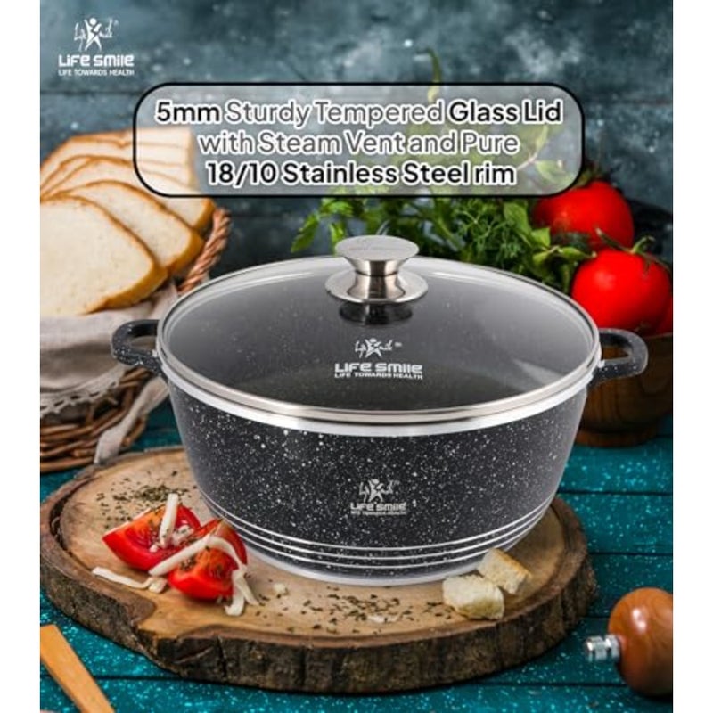 Cooking Pot With Lid aluminum Soup Pot With Glass Lid 100% PFOA Free, Fixed Handle Multi Layer Non-Stick Granite Coating Oven Safe Black, 24cm (4.1 Liters ) - Image 4