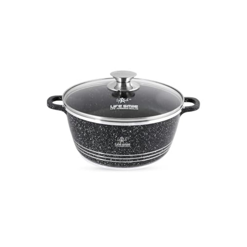 Cooking Pot With Lid aluminum Soup Pot With Glass Lid 100% PFOA Free, Fixed Handle Multi Layer Non-Stick Granite Coating Oven Safe Black, 24cm (4.1 Liters ) - Image 1