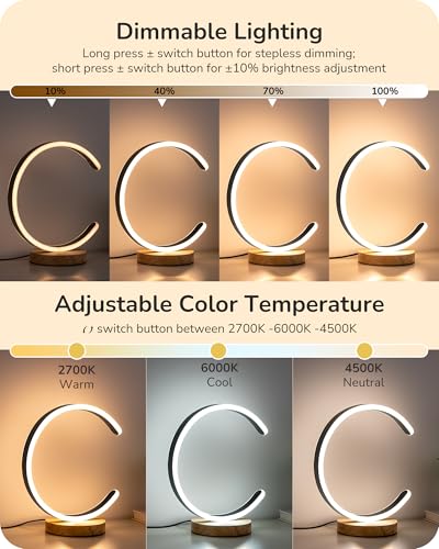 EDISHINE LED Table Lamp, C-Shaped Modern Lamps for Nightstand with 3 Color Temperature & Dimming, Upgraded Switch, Silicone Lampshade & Solid Wood Base, Bedside Lamp for Living Room, Bedroom, Black - Image 5