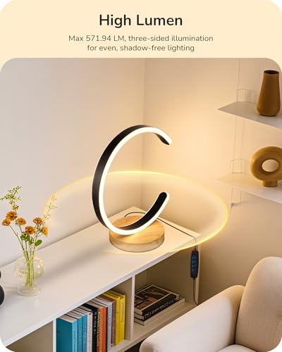 EDISHINE LED Table Lamp, C-Shaped Modern Lamps for Nightstand with 3 Color Temperature & Dimming, Upgraded Switch, Silicone Lampshade & Solid Wood Base, Bedside Lamp for Living Room, Bedroom, Black - Image 3