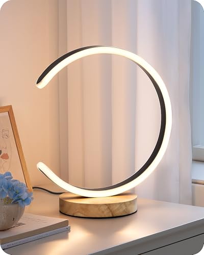 EDISHINE LED Table Lamp, C-Shaped Modern Lamps for Nightstand with 3 Color Temperature & Dimming, Upgraded Switch, Silicone Lampshade & Solid Wood Base, Bedside Lamp for Living Room, Bedroom, Black - Image 1
