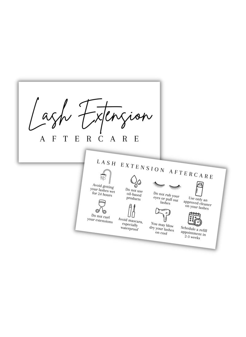 Lashicorn Lash Aftercare Extension Care Cards | 50 Pack | Eyelash False 2 x 3.5” inches Symbols 2-3 Week Refill Instructions Minimalist Gold foil Appearance Pink White and Black How to Care for Your Extensions  - Image 1