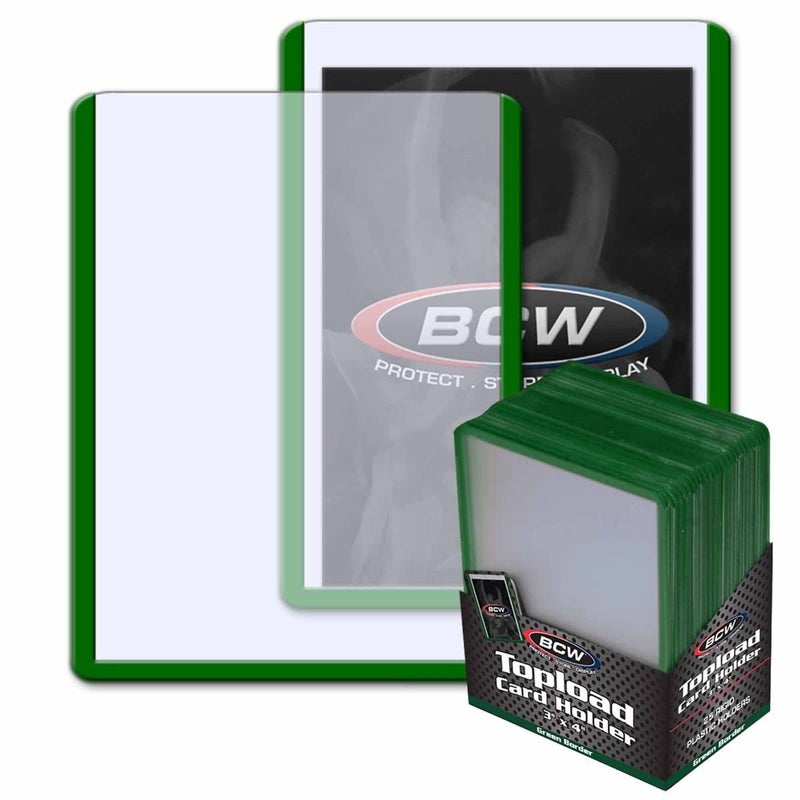 بي سي دبليو حامل بطاقة Topload BCW 3x4 - الحدود الخضراء | 25 حزمة | حامي PVC الصلب جودة متميزة لبطاقات تداول الحجم القياسية | حاملي البطاقات للبطاقات الرياضية MTG Pokemon والمزيد (أخضر) - Image 1