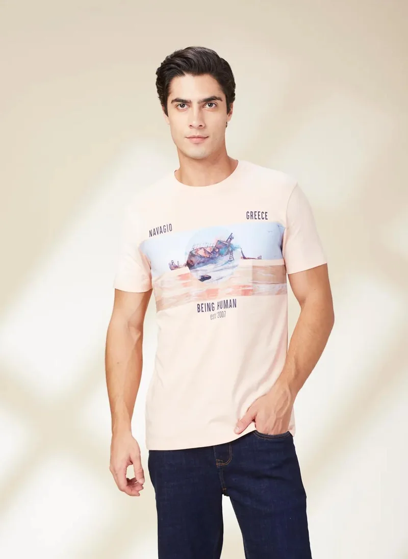 بيينغ هيومان Men Graphic Printed Round Neck Cotton Slim Fit T-shirt