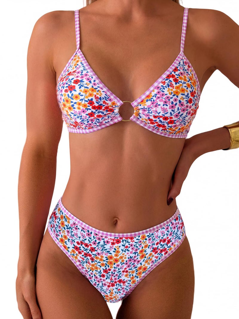 Tainehs Women's Two Piece Bikini Sets O Ring Front Top Ditsy Floral Triangle Swimsuits Cheeky Bathing Suit - Image 1