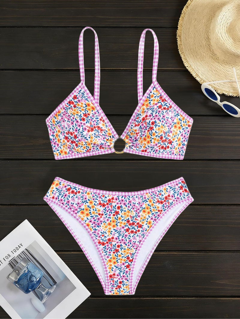 Tainehs Women's Two Piece Bikini Sets O Ring Front Top Ditsy Floral Triangle Swimsuits Cheeky Bathing Suit - Image 4