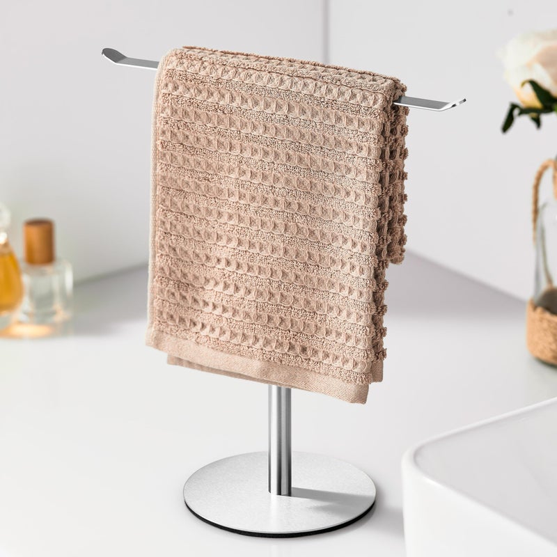 Keepmisc Silver Hand Towel Holder Stand â€“ Countertop T-Shaped Stainless Steel Towel Rack with Non-Slip Base for Vanity and Kitchen - Image 1