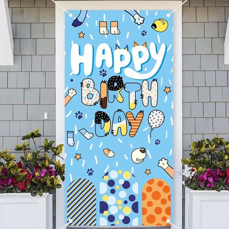BOBORAT 6x3ft Blue Dog Door Banner with Ropes, Happy Birthday Party Decoration Poster Backdrop, Cute Cartoon Animal Party Supplies for Boy Girl Kid - Image 5