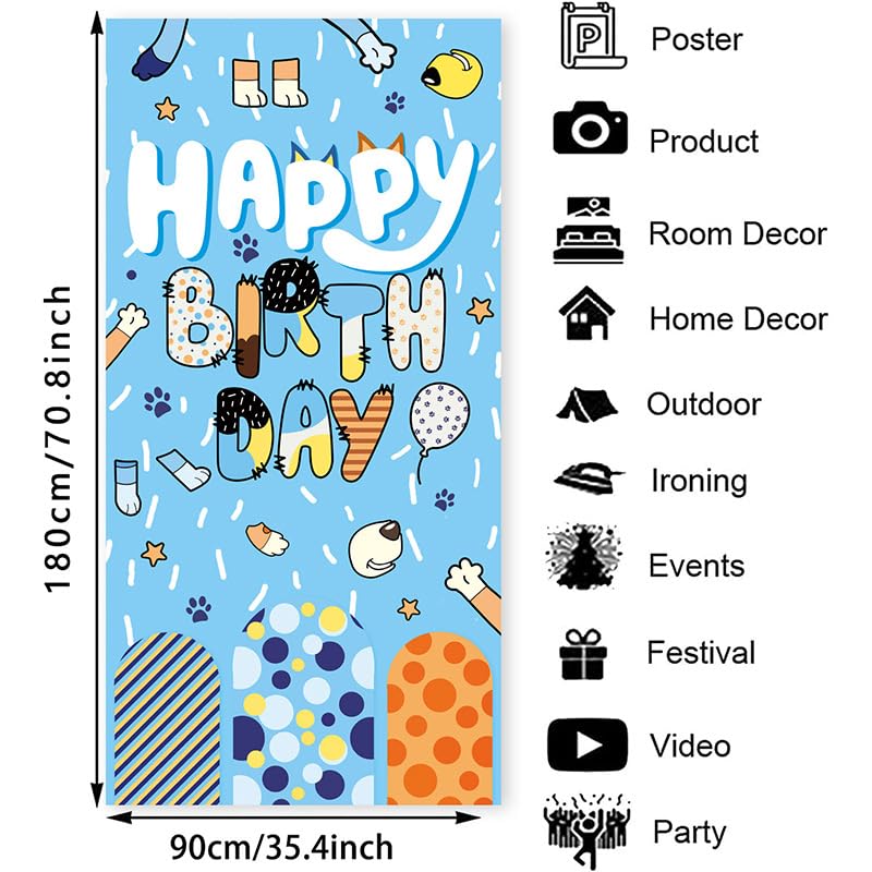 BOBORAT 6x3ft Blue Dog Door Banner with Ropes, Happy Birthday Party Decoration Poster Backdrop, Cute Cartoon Animal Party Supplies for Boy Girl Kid - Image 2