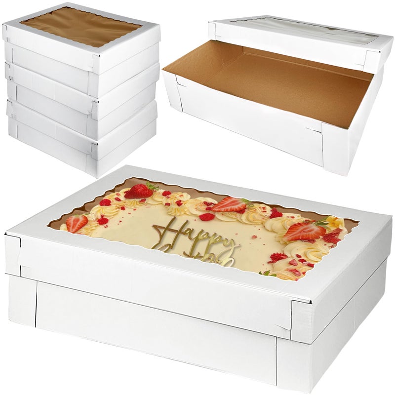 KEEPARTY 5 PCS 20x14x5 Inches Large Sheet Cake Boxes with Window Corrugated Rectangle Bakery Box for Cake Cupcakes Cookies Dessert Pastry Baking Pie Packaging - Image 1