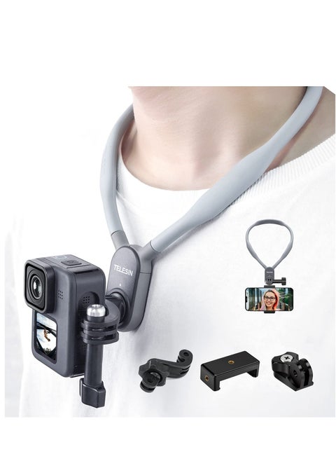 Magnetic POV Neck Selfie Holder with Phone Clip Vertical Mount Kit Hand Free Video Vlog Necklace Lanyard Body Strap Attachment for GoPro Max Hero Insta360 DJI Action iPhone Android