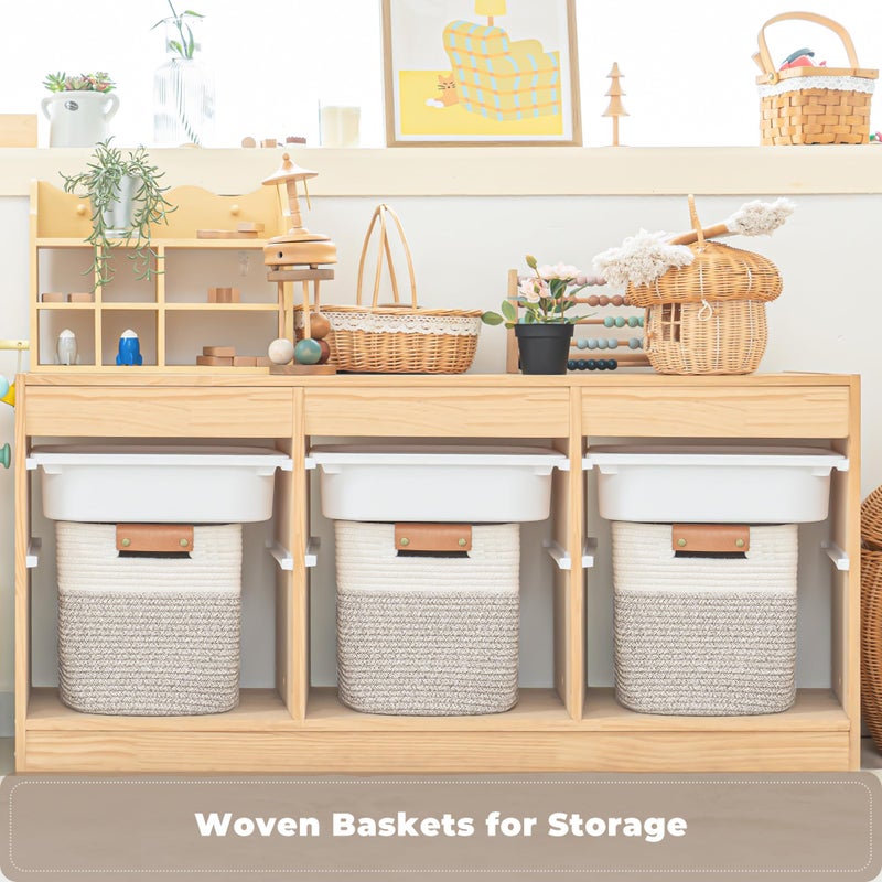 danpinera 11 Inch Storage Baskets, Woven Baskets for Organizing, 3 Pack Storage Cubes for Shelves, Closet, Nursery with Removable Leather Handles, White & Mixed Brown - Image 4