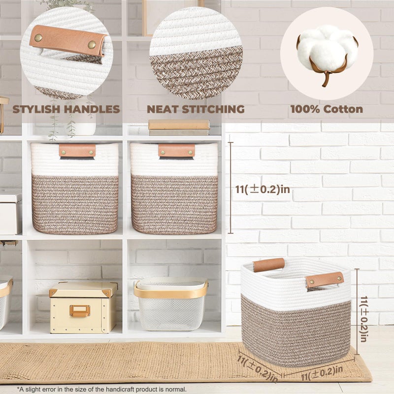 danpinera 11 Inch Storage Baskets, Woven Baskets for Organizing, 3 Pack Storage Cubes for Shelves, Closet, Nursery with Removable Leather Handles, White & Mixed Brown - Image 2