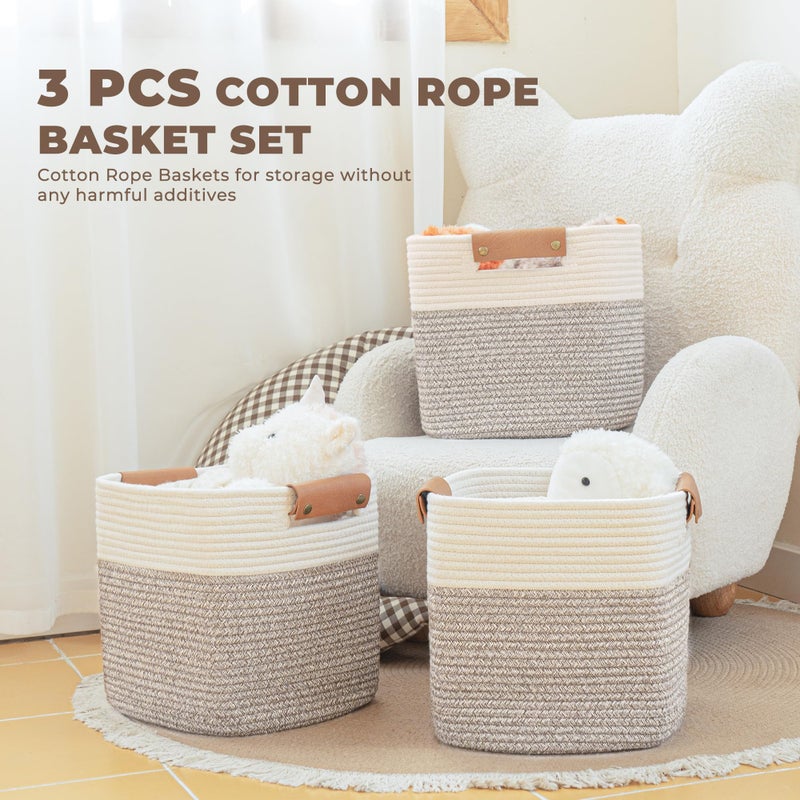 danpinera 11 Inch Storage Baskets, Woven Baskets for Organizing, 3 Pack Storage Cubes for Shelves, Closet, Nursery with Removable Leather Handles, White & Mixed Brown - Image 3