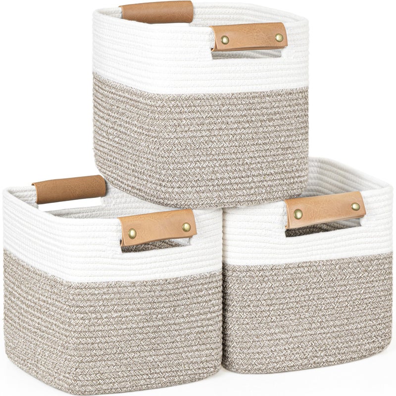 danpinera 11 Inch Storage Baskets, Woven Baskets for Organizing, 3 Pack Storage Cubes for Shelves, Closet, Nursery with Removable Leather Handles, White & Mixed Brown - Image 1