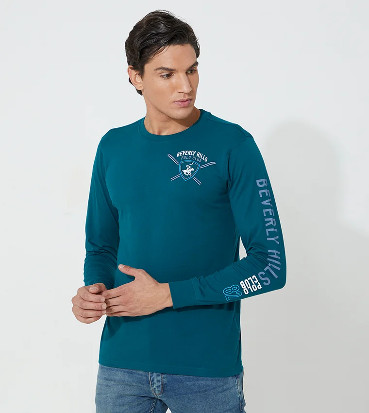 بيفرلي هيلز بولو كلوب تيشيرت قطني بأكمام طويلة مطرز بشعار