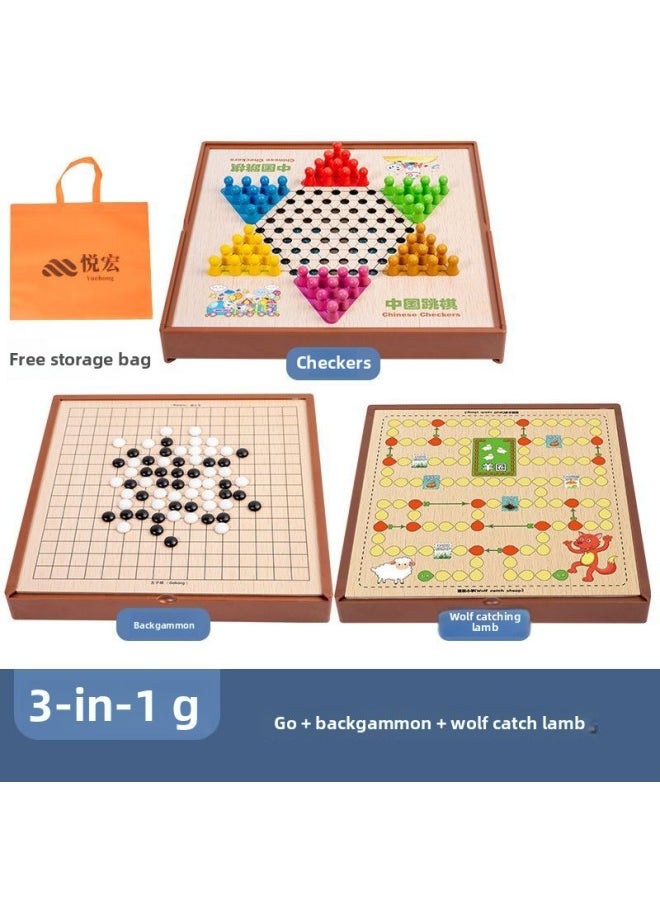 null - Multi-functional One Chessboard Flying Chess Checkers Backgammon Go Card Beasts Chess Children's Toys Foreign Trade-Color:Three-in-one [large Size] Checkers + Backgammon + Wolf Catching Lamb - Image 1