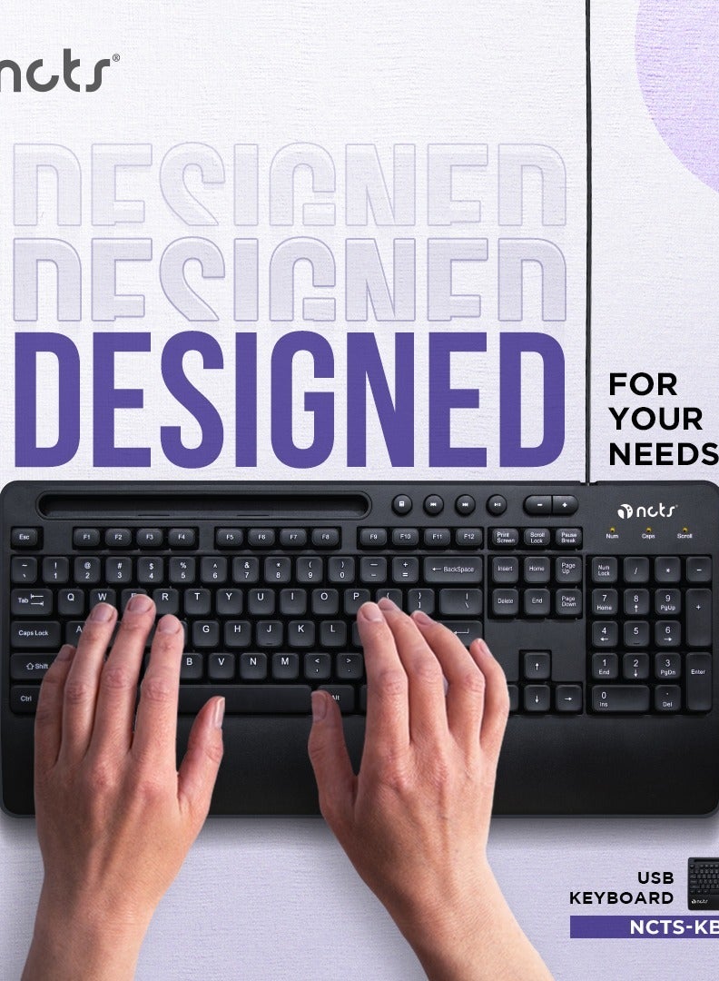 NCTS KB9B Wired Keyboard with Tablet/Mobile/Pen Holder, Compatible with USB 2.0/3.0, Support USB1.0/1.1 English, French Layout for Win/Mac, Desktop, Laptop,1 Year Warranty (ENGLISH KEYBOARD) - Image 2