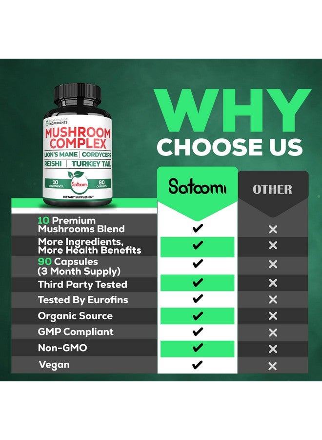 Satoomi 10in1 Lions Mane Supplement Complex - Blended with Cordyceps Sinensis, Reishi Mushroom, Turkey Tail Mushroom & Others - 90 Count for 3 Months - Image 4
