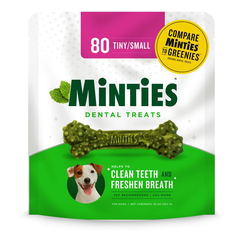 Minties Dental Chews for Dogs 80 Count VetRecommended MintFlavored Treats for TinySmall Dogs 524 lbs Dental Bones Clean Teeth Fight Bad Breath and Removes Plaque and Tartar