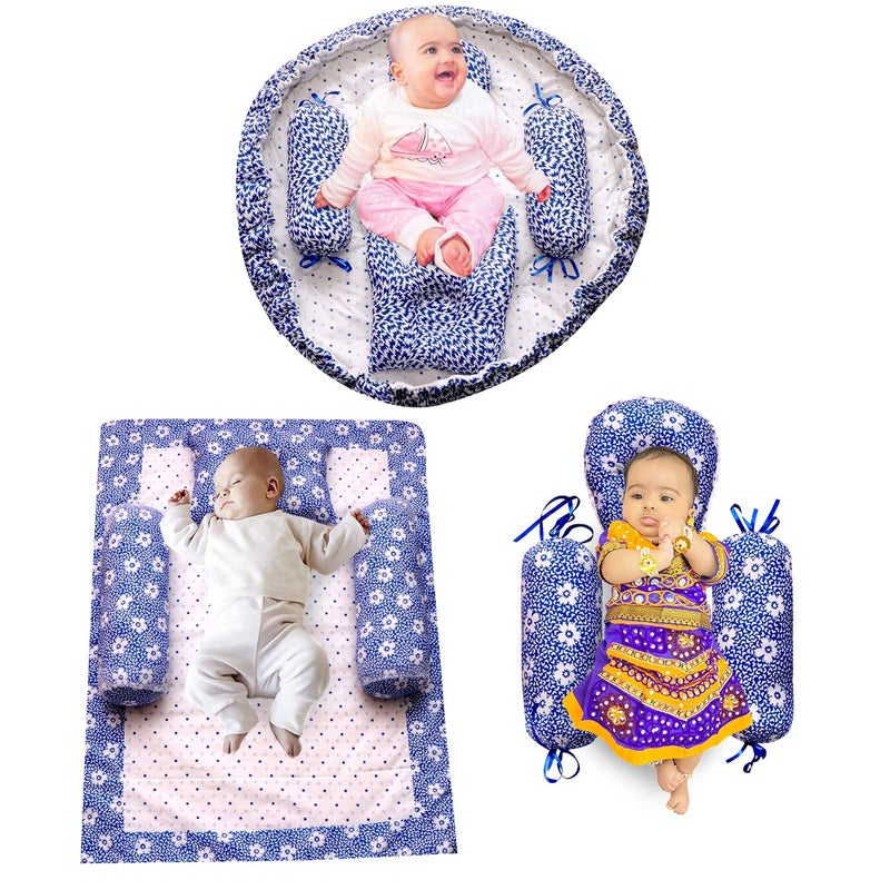 creative textiles New Born Baby Bed & Sleeping Combo 3 Gift Set (Blue Flower Printed)-01 - Image 1
