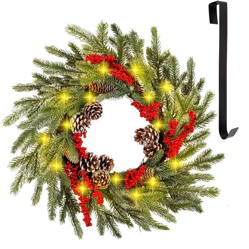 winemana winemana 24 Inch PreLit Christmas Wreath with Hanger Timer Pine Cone and Red Berries BatteryOperated 20 LED Lighted Artificial Wreath Decoration for Front Door Mantel Xmas Party