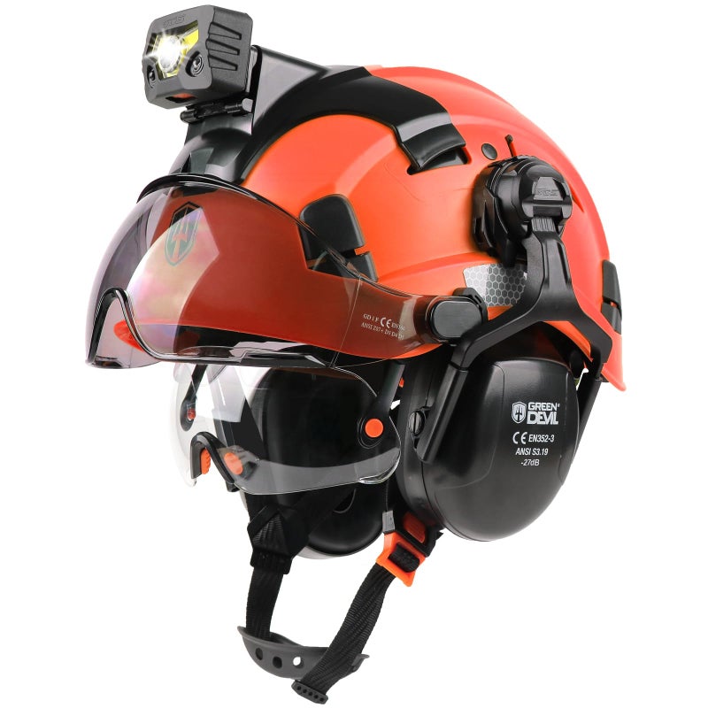 GREEN DEVIL Hard Hat Safety Helmet with Rechargeable Headlamp Light and Visor Ear Muffs Vented Work Hardhat ANSI Z891 Cascos De Construccion for Industrial Construction Forestry