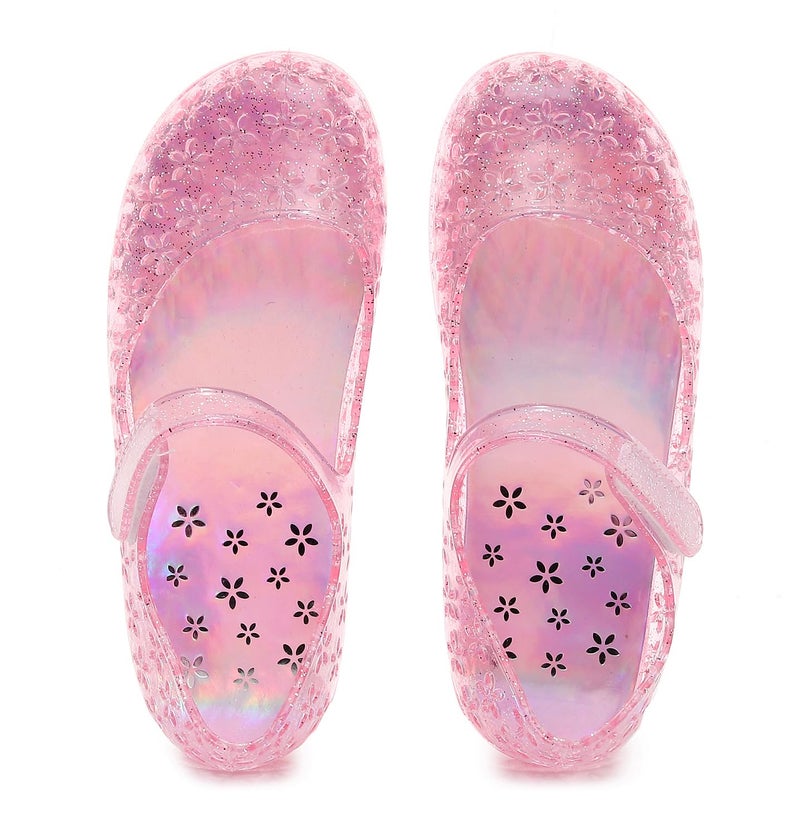 OMGard Jelly Shoes for Toddler Girls Princess Dress Sandals Size 11, Pink Bird Nest Layered Lines Mary Jane Flats Childrens Clear Glitter with Hollow-Carved - Image 2