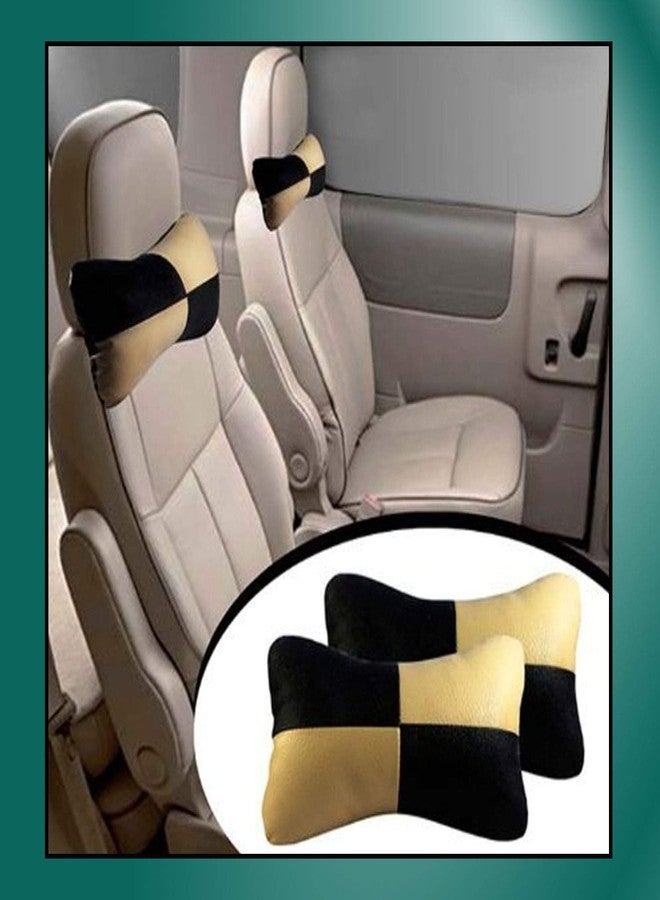 Adroitz Beige Universal Neck Rest Pillow Faux Leather Material in Check Design for All Cars (Pair of 2)_265 - Image 3