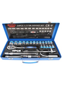 BOSS LIFE STYLE 24 Pieces Socket Set 1/2" Master Drive CRV Impact Socket Set in Metal Portable Case, Includes Extension Bars, Universal Joint & Sliding T-bar for home use and professional purpose  - Image 1