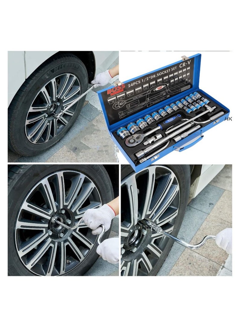 24 قطعة مجموعة مقابس 1/2 "Master Drive CRV Impact Socket Set في علبة معدنية محمولة ، تتضمن قضبان تمديد ، وصلة عامة وقضيب T منزلق للاستخدام المنزلي والأغراض المهنية
