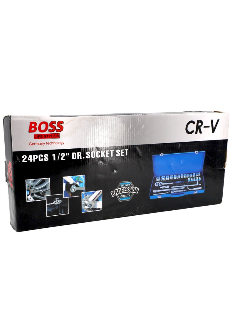 24 قطعة مجموعة مقابس 1/2 "Master Drive CRV Impact Socket Set في علبة معدنية محمولة ، تتضمن قضبان تمديد ، وصلة عامة وقضيب T منزلق للاستخدام المنزلي والأغراض المهنية