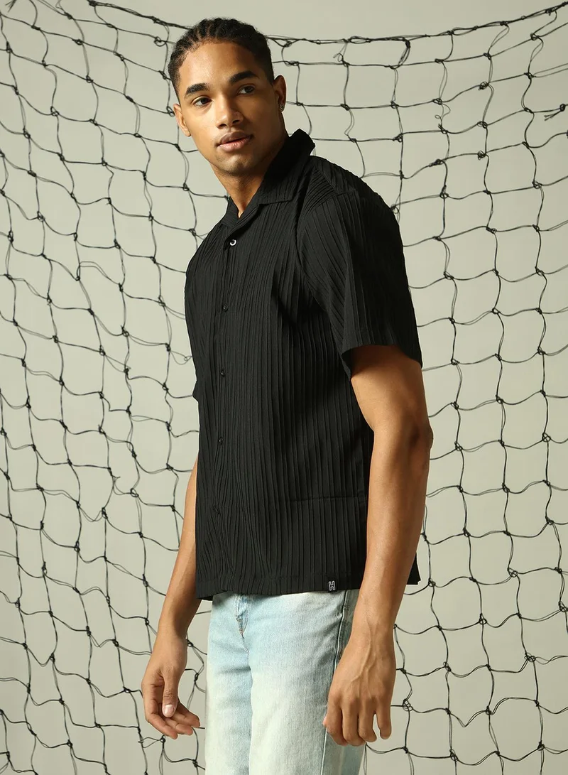 هوبرهولمي Men's Black 100% Polyester Solid Button Down Oversized Shirt