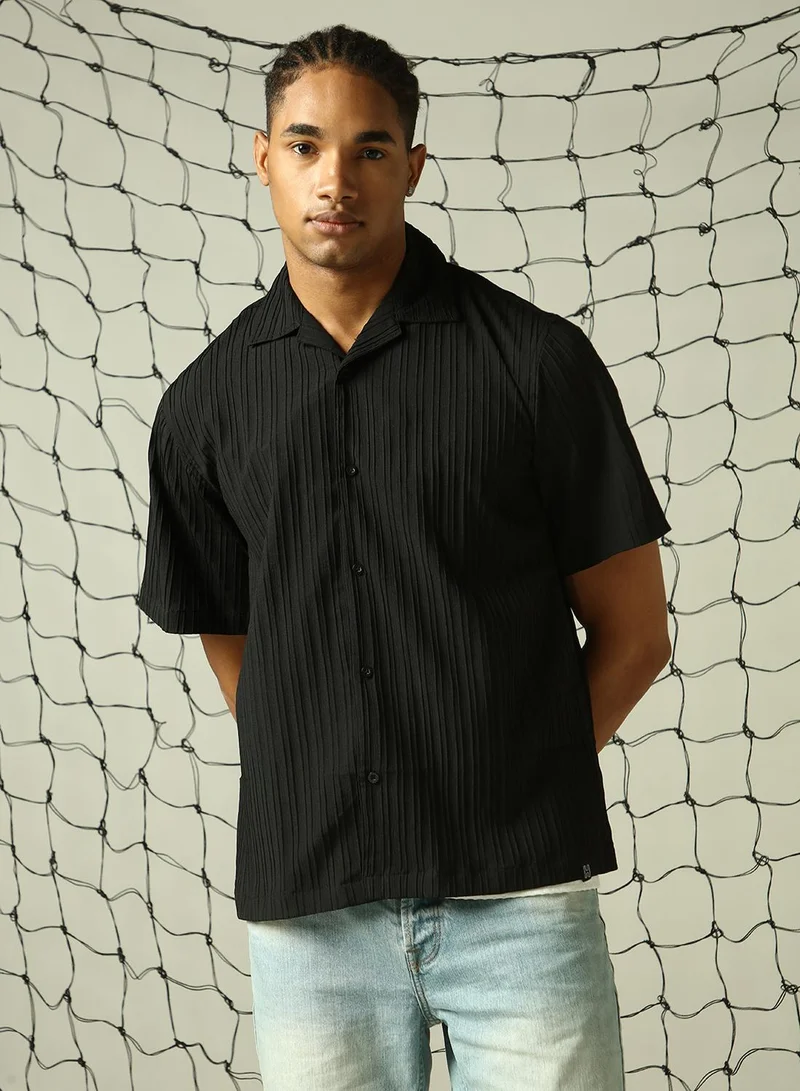 هوبرهولمي Men's Black 100% Polyester Solid Button Down Oversized Shirt