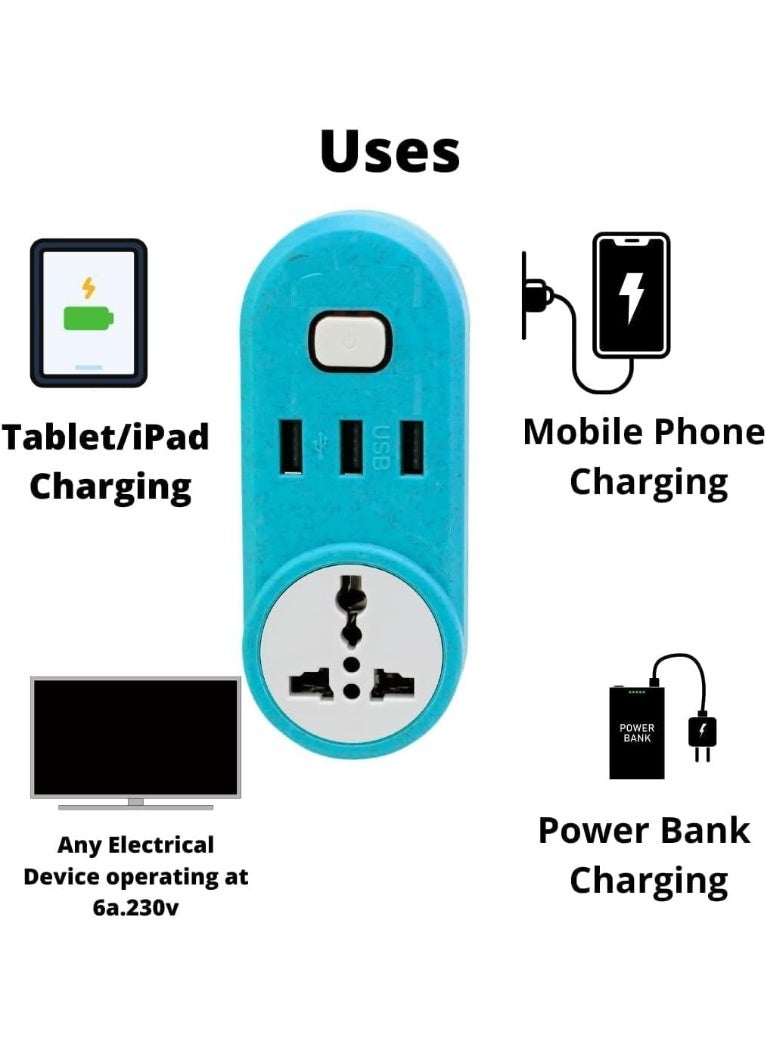 مشترك ومحول طاقة E-01 2500 وات مع 3 منافذ شحن USB ومفتاح طاقة مع شحن تلقائي بحد أقصى 10 امبير وميزة الحماية من الحمل الزائد والحماية من تدفق التيار مناسب للمنزل أو أثناء السفر (أزرق) - Image 2