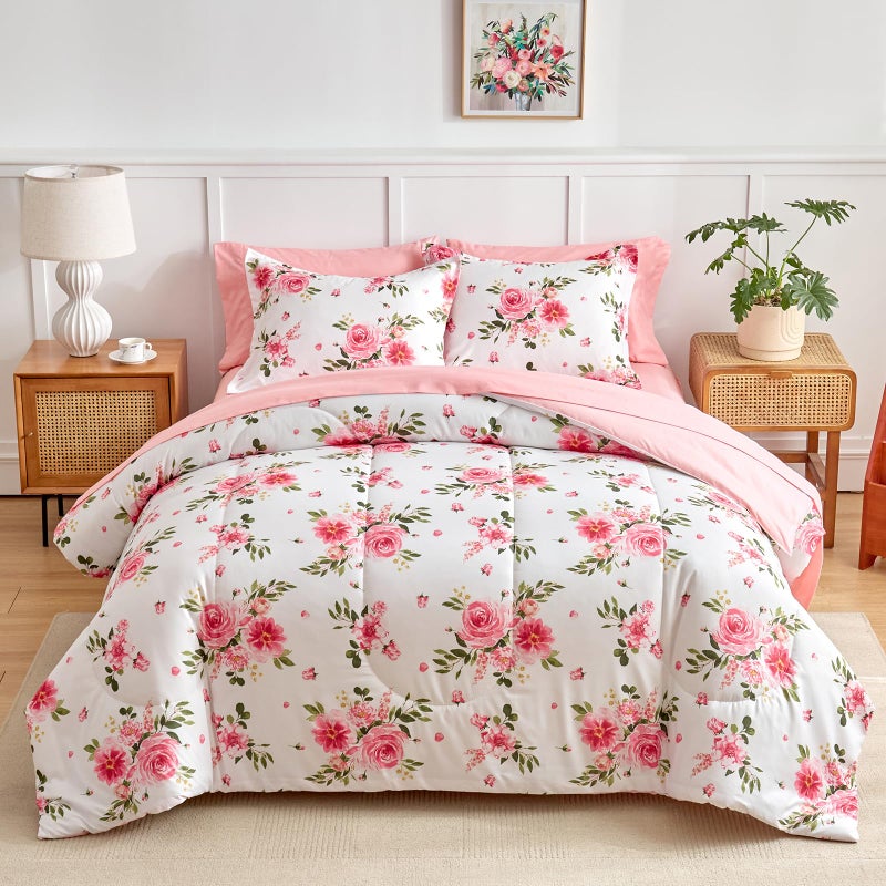 Uozzi Bedding Flower Comforter Sheet Set White Bed in a Bag 7 Pieces Queen Size Dark Pink Floral Microfiber Bedding Set (1 Comforter 2 Pillow Shams 1 Pink Flat Sheet 1 Fitted Sheet 2 Pillowcases) - Image 2