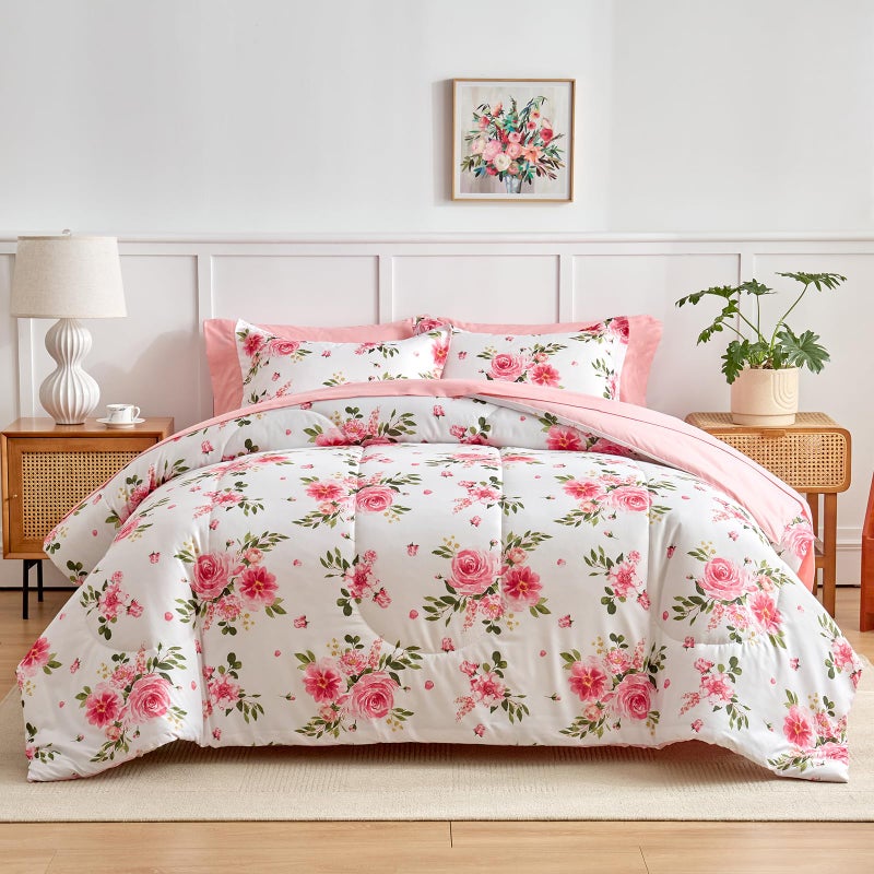 Uozzi Bedding Flower Comforter Sheet Set White Bed in a Bag 7 Pieces Queen Size Dark Pink Floral Microfiber Bedding Set (1 Comforter 2 Pillow Shams 1 Pink Flat Sheet 1 Fitted Sheet 2 Pillowcases) - Image 1