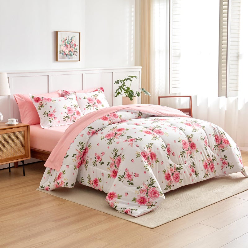 Uozzi Bedding Flower Comforter Sheet Set White Bed in a Bag 7 Pieces Queen Size Dark Pink Floral Microfiber Bedding Set (1 Comforter 2 Pillow Shams 1 Pink Flat Sheet 1 Fitted Sheet 2 Pillowcases) - Image 5