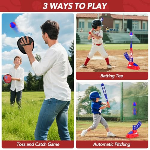 Hepoasky 3in1 Kids TBall Set for Toddlers 35 with Fixed Tee Ball Stand Baseball Launcher Toss and Catch Ball Game Outdoor Sports Toy Gift for Boys and Girls - Image 5
