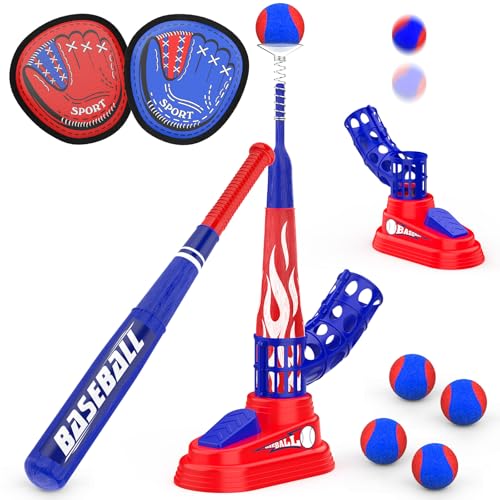 Hepoasky 3in1 Kids TBall Set for Toddlers 35 with Fixed Tee Ball Stand Baseball Launcher Toss and Catch Ball Game Outdoor Sports Toy Gift for Boys and Girls - Image 1